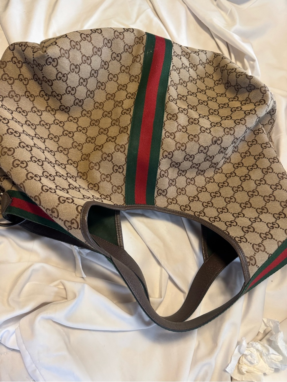 Gucci Beige/Tan GG Canvas Tote with Green and Red Web Giglio Large Tote - Picture 3 of 9